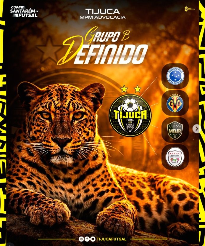 Arte oficial da Copa Santarém de Futsal: Grupo B definido, com o escudo do Tijuca e os adversários do grupo